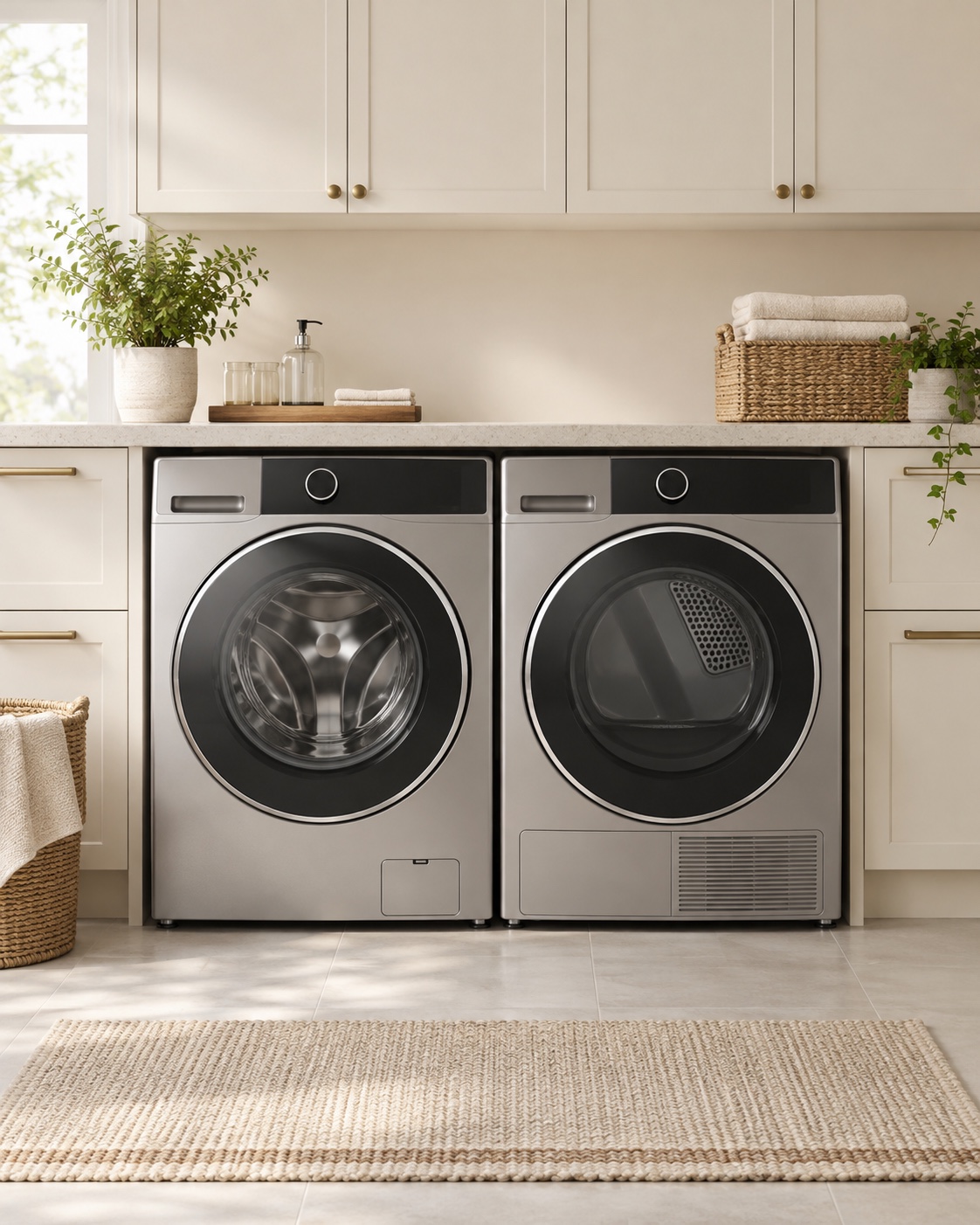 Front-loading washing machine and dryer in a bright modern laundry room