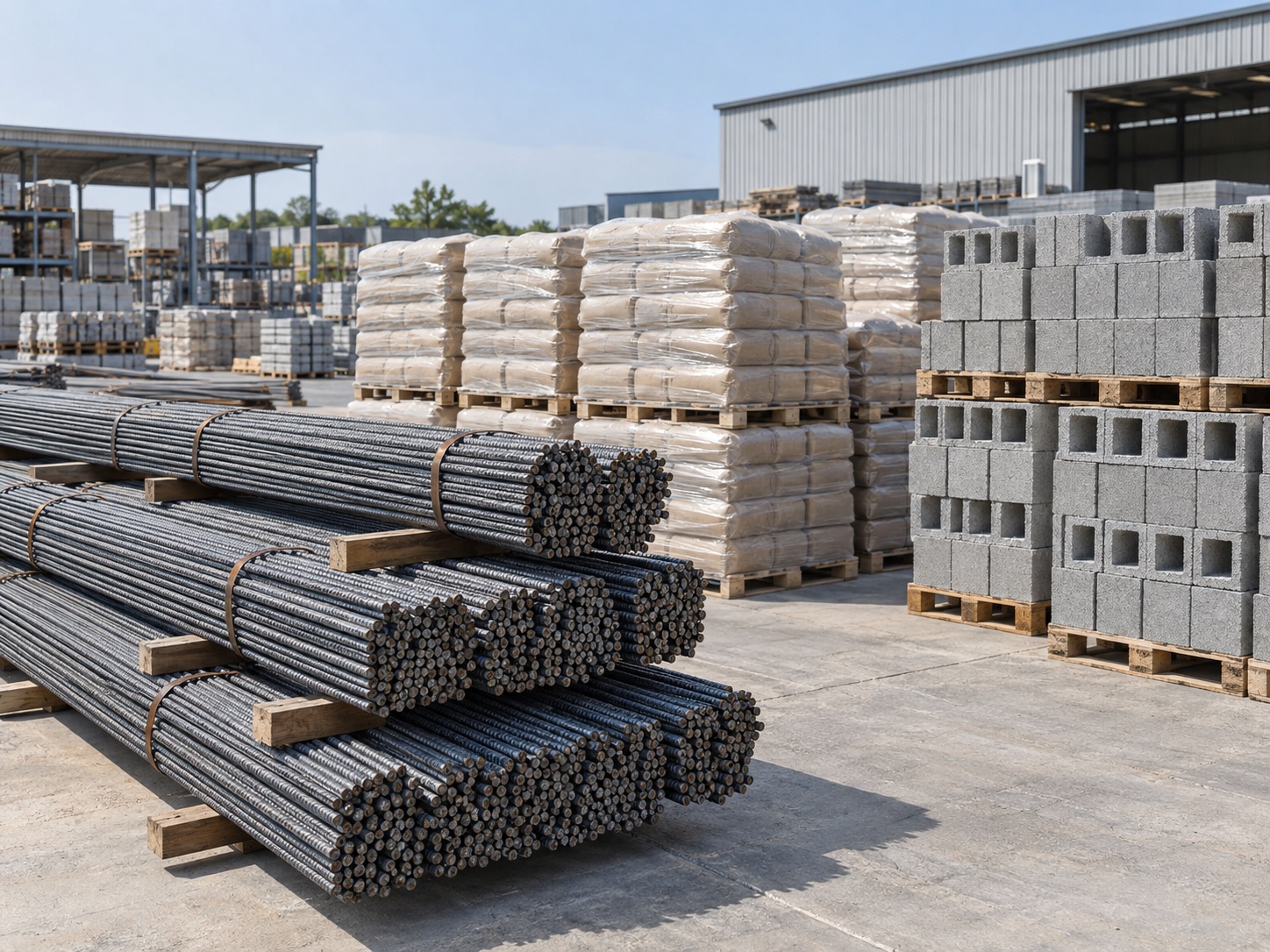 Steel rebar, cement bags and concrete blocks in a construction supply yard