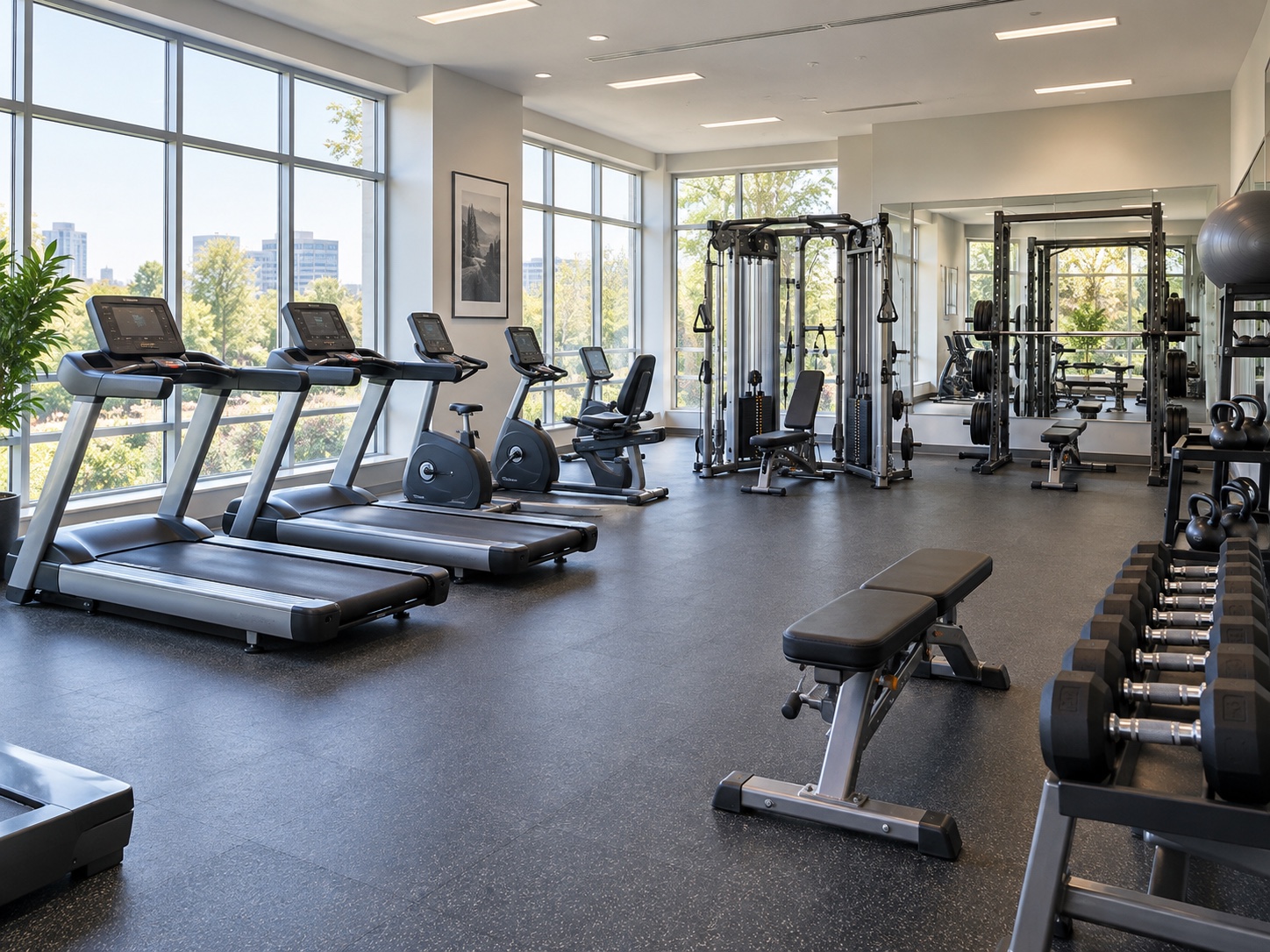Cardio machines and strength equipment in a bright commercial fitness facility