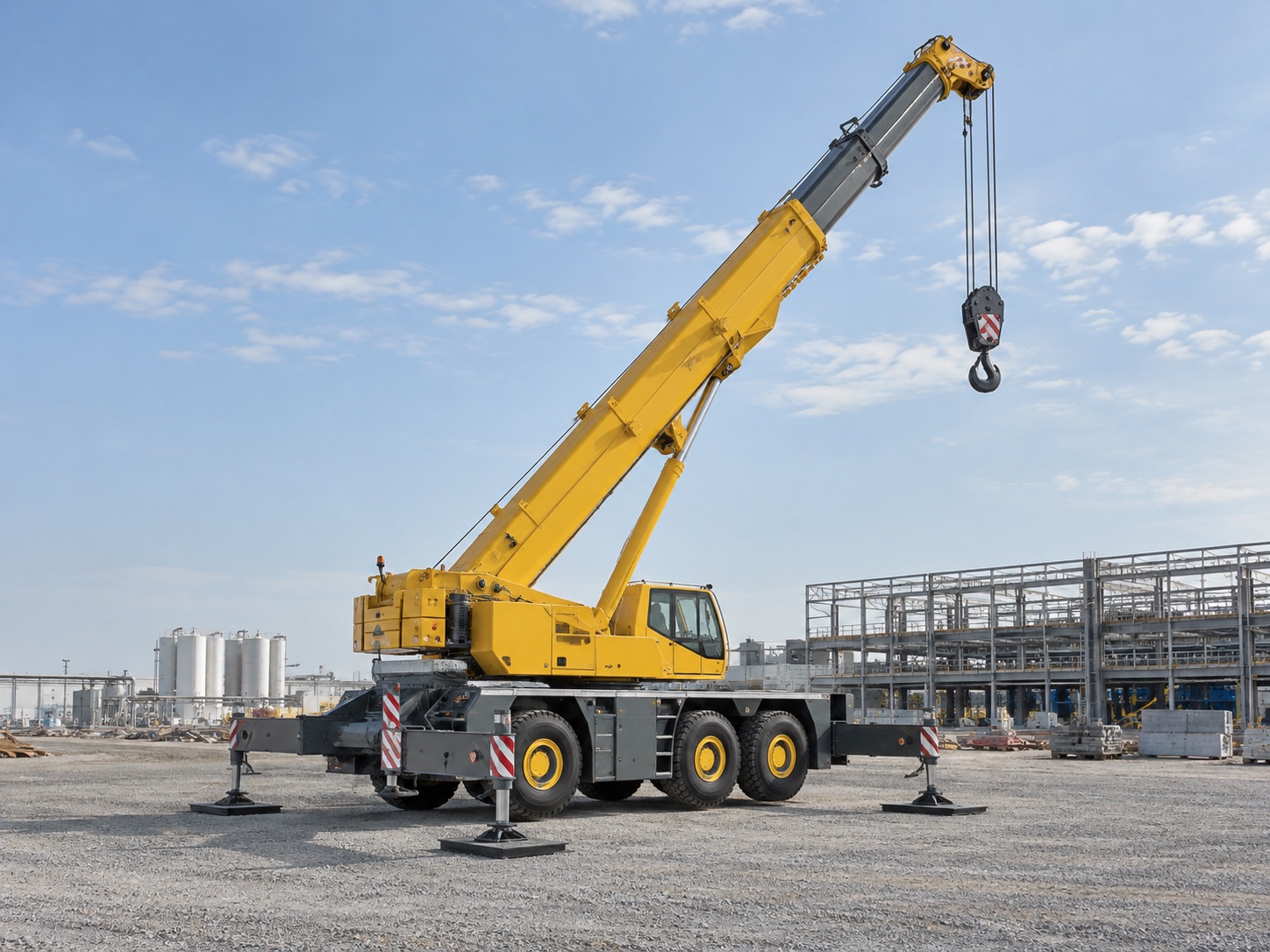 Telescopic mobile crane with outriggers extended at an industrial project site