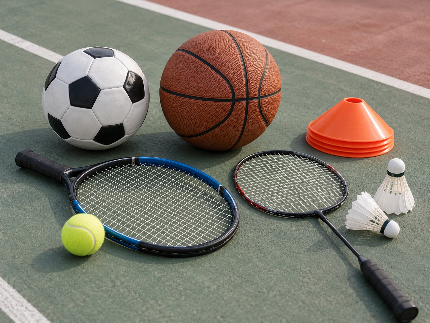 Balls, rackets and training accessories arranged on a sports court